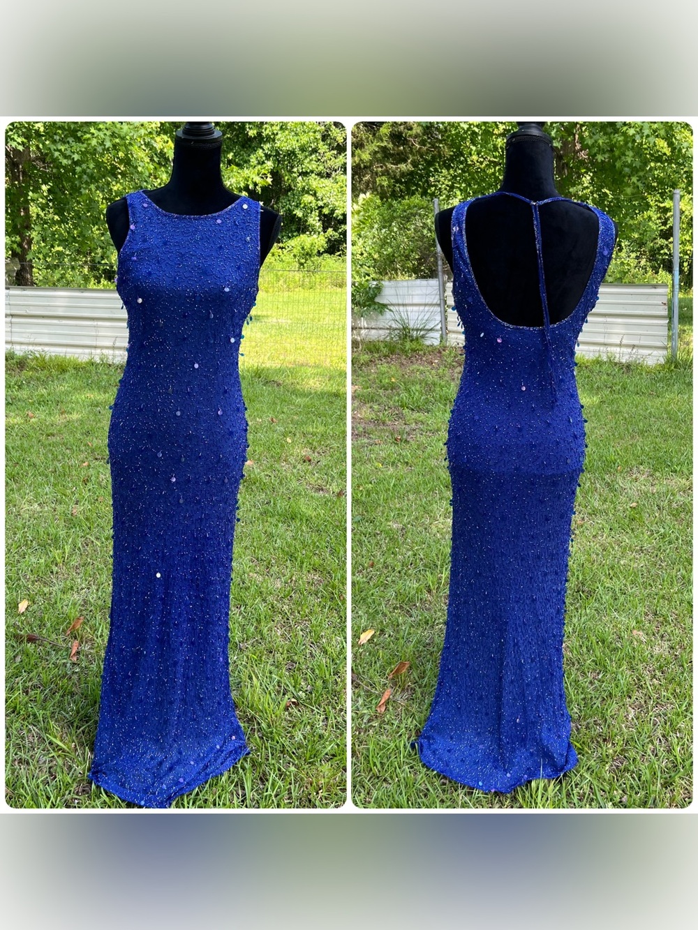 Vintage 90s Stenay Blue Silk Beaded Maxi Prom Dress Halter Romantic Fairy Size 8